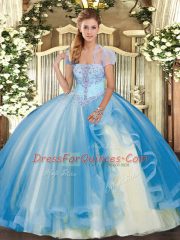 Baby Blue Ball Gowns Strapless Sleeveless Tulle Floor Length Lace Up Appliques and Ruffles Quinceanera Dress
