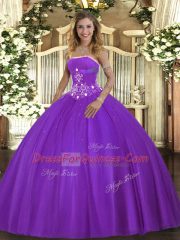 Purple Ball Gowns Tulle Strapless Sleeveless Beading Floor Length Lace Up Ball Gown Prom Dress