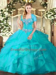 Floor Length Lace Up Sweet 16 Dresses Aqua Blue for Military Ball and Sweet 16 and Quinceanera with Beading and Ruffles