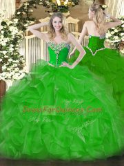 Organza Sweetheart Sleeveless Lace Up Beading and Ruffles Quinceanera Dresses in Green