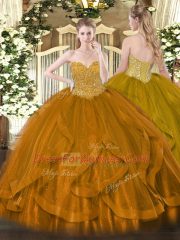 High Class Organza Sweetheart Sleeveless Lace Up Beading and Ruffles Quinceanera Dress in Gold
