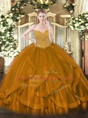 High Class Organza Sweetheart Sleeveless Lace Up Beading and Ruffles Quinceanera Dress in Gold