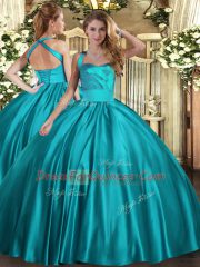 Delicate Teal Satin Lace Up 15 Quinceanera Dress Sleeveless Floor Length Ruching