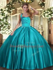 Delicate Teal Satin Lace Up 15 Quinceanera Dress Sleeveless Floor Length Ruching