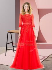 Perfect Tulle Square 3 4 Length Sleeve Lace Up Lace Prom Dresses in Red