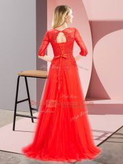 Perfect Tulle Square 3 4 Length Sleeve Lace Up Lace Prom Dresses in Red