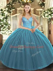 Deluxe Teal Lace Up Sweet 16 Quinceanera Dress Beading Sleeveless Floor Length