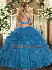 Inexpensive Fuchsia Halter Top Neckline Beading and Ruffled Layers 15 Quinceanera Dress Sleeveless Criss Cross