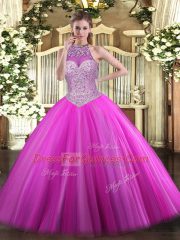 Discount Fuchsia Quinceanera Gown Military Ball and Sweet 16 and Quinceanera with Beading Halter Top Sleeveless Lace Up