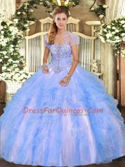 Best Baby Blue Ball Gowns Strapless Sleeveless Tulle Floor Length Lace Up Appliques and Ruffles 15th Birthday Dress