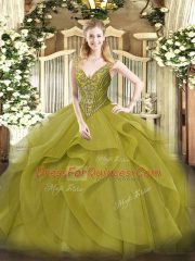 Ball Gowns Quince Ball Gowns Olive Green V-neck Tulle Sleeveless Floor Length Lace Up