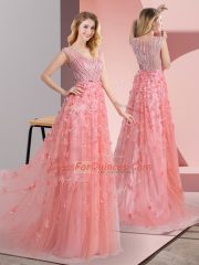 Pink Zipper Prom Evening Gown Beading and Appliques Sleeveless Sweep Train