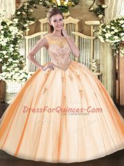 Floor Length Peach Quinceanera Gowns Tulle Sleeveless Beading and Appliques
