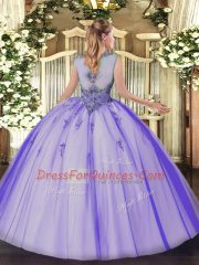 Floor Length Peach Quinceanera Gowns Tulle Sleeveless Beading and Appliques