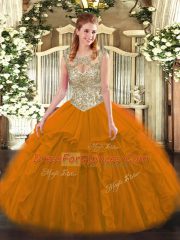 Chic Scoop Sleeveless Quinceanera Dresses Floor Length Beading and Ruffles Orange Red Tulle