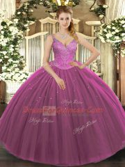 Tulle V-neck Sleeveless Lace Up Beading Vestidos de Quinceanera in Fuchsia