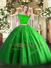 Floor Length Green Ball Gown Prom Dress Off The Shoulder Short Sleeves Zipper