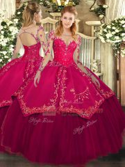 Dramatic Scoop Long Sleeves Vestidos de Quinceanera Floor Length Lace and Embroidery Wine Red Organza and Taffeta