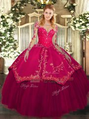 Dramatic Scoop Long Sleeves Vestidos de Quinceanera Floor Length Lace and Embroidery Wine Red Organza and Taffeta