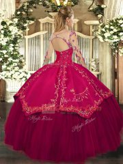 Dramatic Scoop Long Sleeves Vestidos de Quinceanera Floor Length Lace and Embroidery Wine Red Organza and Taffeta