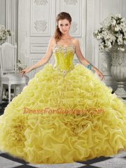 Yellow Sleeveless Court Train Beading and Ruffles Vestidos de Quinceanera