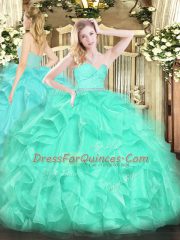 Dramatic Turquoise Ball Gowns Organza Sweetheart Sleeveless Beading and Lace and Ruffles Floor Length Zipper Quinceanera Dresses