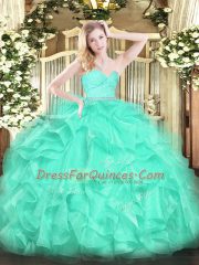 Dramatic Turquoise Ball Gowns Organza Sweetheart Sleeveless Beading and Lace and Ruffles Floor Length Zipper Quinceanera Dresses