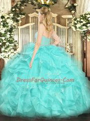 Dramatic Turquoise Ball Gowns Organza Sweetheart Sleeveless Beading and Lace and Ruffles Floor Length Zipper Quinceanera Dresses