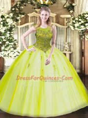 Yellow Green Ball Gowns Tulle Scoop Sleeveless Beading Floor Length Zipper Ball Gown Prom Dress
