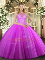 Fuchsia Lace Up High-neck Beading Quince Ball Gowns Tulle Sleeveless