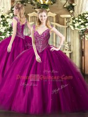 Luxury Sleeveless Floor Length Beading Lace Up Sweet 16 Dresses with Fuchsia