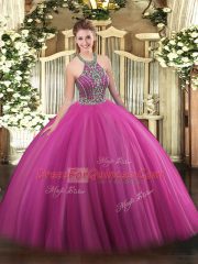 Artistic Tulle Halter Top Sleeveless Lace Up Beading Sweet 16 Dress in Hot Pink