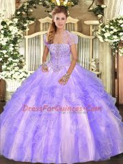 Artistic Lavender Lace Up Sweet 16 Dress Appliques and Ruffles Sleeveless Floor Length