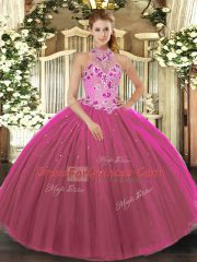 Floor Length Lace Up Sweet 16 Dresses Fuchsia for Military Ball and Sweet 16 and Quinceanera with Embroidery