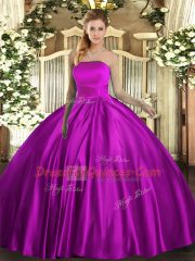 Best Fuchsia Lace Up Strapless Ruching Quince Ball Gowns Satin Sleeveless