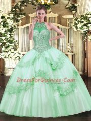 Sleeveless Tulle Floor Length Lace Up Quinceanera Dresses in Apple Green with Beading and Appliques