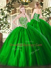 Green Ball Gowns Beading Quinceanera Dresses Lace Up Tulle Sleeveless Floor Length