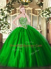 Green Ball Gowns Beading Quinceanera Dresses Lace Up Tulle Sleeveless Floor Length