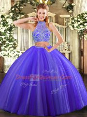 Custom Designed Purple Halter Top Neckline Beading Sweet 16 Dresses Sleeveless Criss Cross