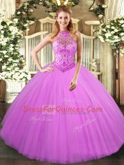 Comfortable Lilac Ball Gowns Halter Top Sleeveless Tulle Floor Length Lace Up Beading and Embroidery Quince Ball Gowns
