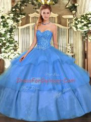 Ideal Baby Blue Vestidos de Quinceanera Military Ball and Sweet 16 and Quinceanera with Beading and Ruffled Layers Sweetheart Sleeveless Lace Up