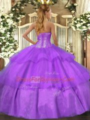 Latest Lavender Ball Gowns Tulle Sweetheart Sleeveless Beading and Ruffled Layers Floor Length Lace Up Sweet 16 Dress