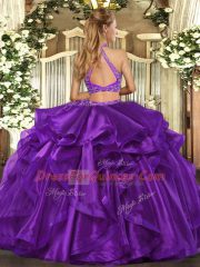 Sleeveless Floor Length Beading and Ruffled Layers Criss Cross Sweet 16 Dresses with Purple
