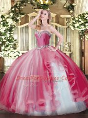 Discount Sleeveless Tulle Floor Length Lace Up 15 Quinceanera Dress in Coral Red with Beading and Ruffles
