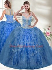 Floor Length Zipper Quinceanera Gowns Blue for Military Ball and Quinceanera with Beading and Ruffles