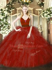 Glittering Beading and Ruffles Vestidos de Quinceanera Wine Red Zipper Sleeveless Floor Length