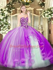 Modest Lilac Ball Gowns Tulle Sweetheart Sleeveless Beading and Ruffles Floor Length Lace Up 15 Quinceanera Dress