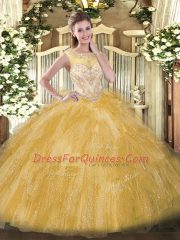 Gold Organza Zipper Sweet 16 Dress Sleeveless Floor Length Beading and Ruffles