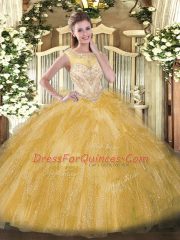 Gold Organza Zipper Sweet 16 Dress Sleeveless Floor Length Beading and Ruffles