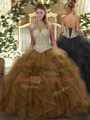 Designer Brown Ball Gowns Halter Top Sleeveless Tulle Floor Length Lace Up Beading and Ruffles Sweet 16 Quinceanera Dress